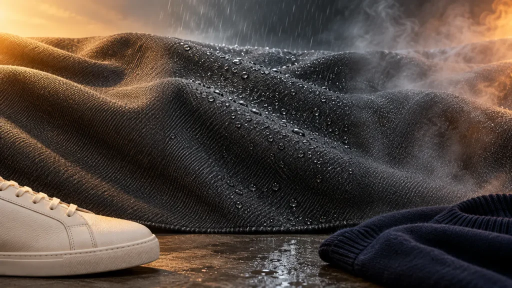 Tessuto sartoriale scuro esposto a luce calda, pioggia e nebbia, con sneaker avorio e maglia blu ai margini.