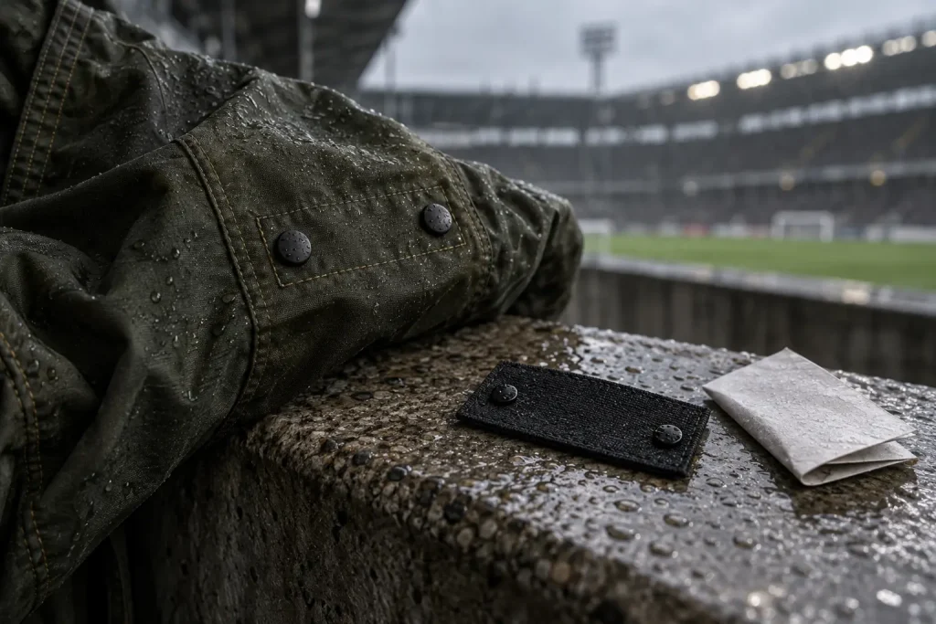Manica tecnica bagnata con bottoni per una patch removibile, distintivo capovolto e biglietto piegato su una barriera dello stadio.