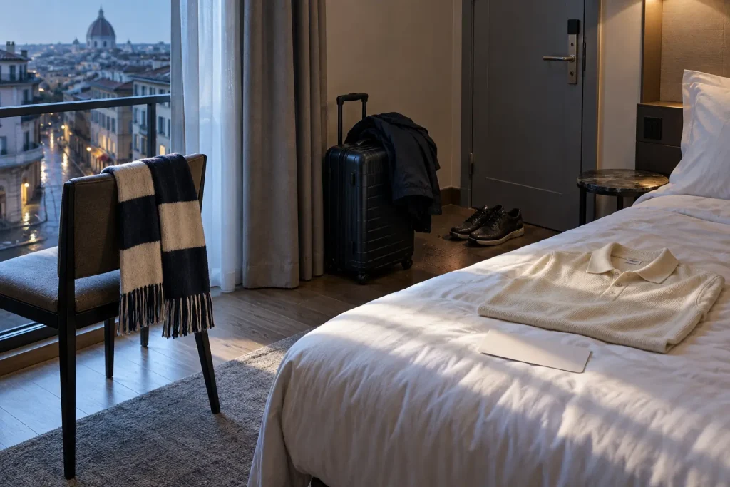 Sciarpa da tifoso ad asciugare, giacca da viaggio, sneakers bagnate e polo pronta sul letto di un hotel al mattino.