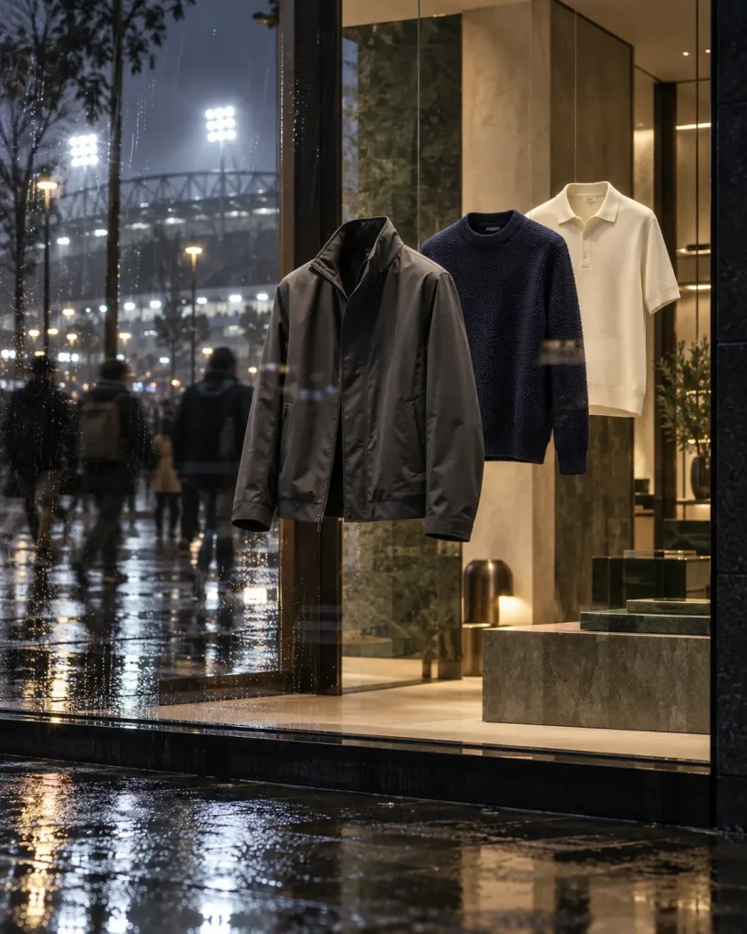 Giacca tecnica, maglia blu e polo avorio sospese nella vetrina di una boutique, tra pioggia e riflessi dello stadio.