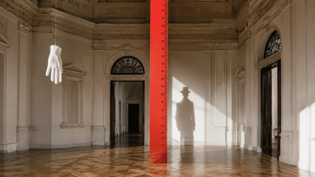 Installazione concettuale in un palazzo milanese, con enorme righello rosso da sartoria, guanto sospeso e ombra di una figura elegante sulla parete.