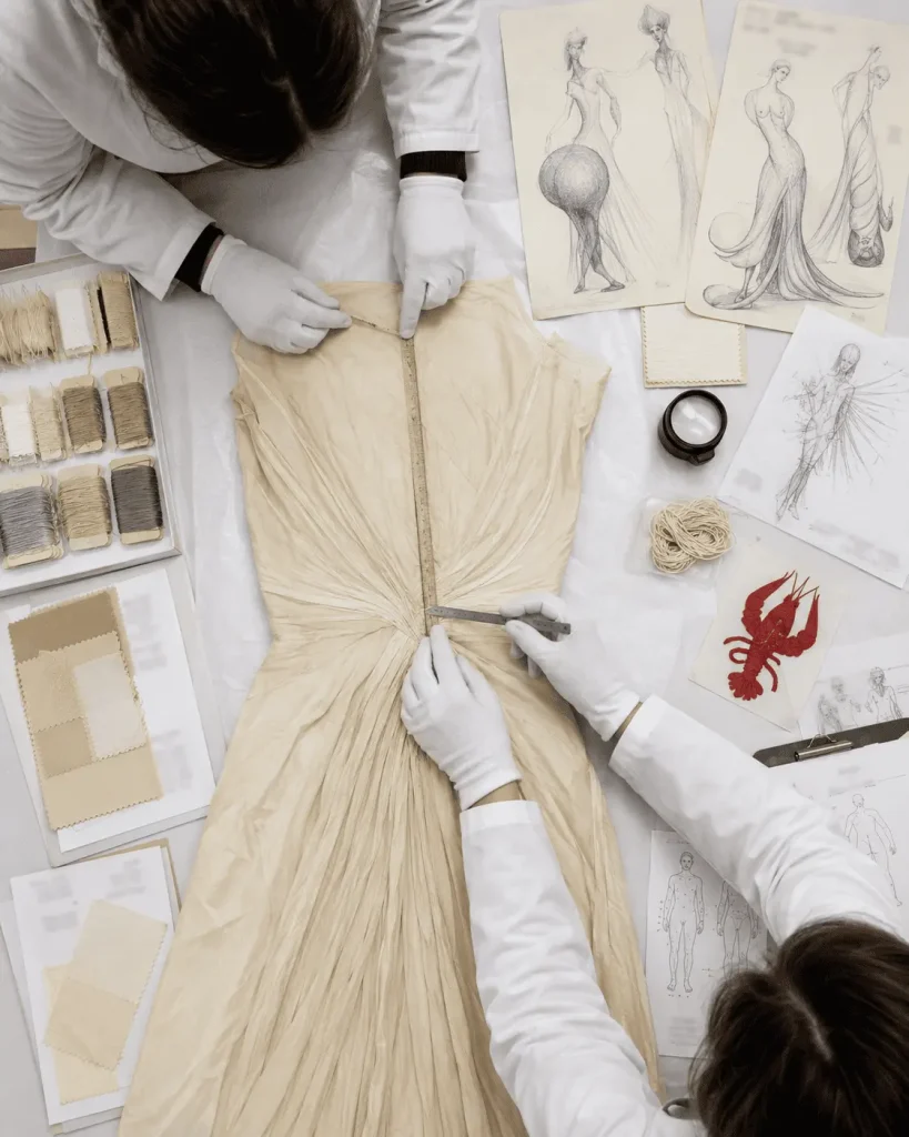Laboratorio di conservazione museale con due restauratori che misurano un abito da sera anni Trenta, tra campioni tessili, schizzi di moda e strumenti d’archivio.