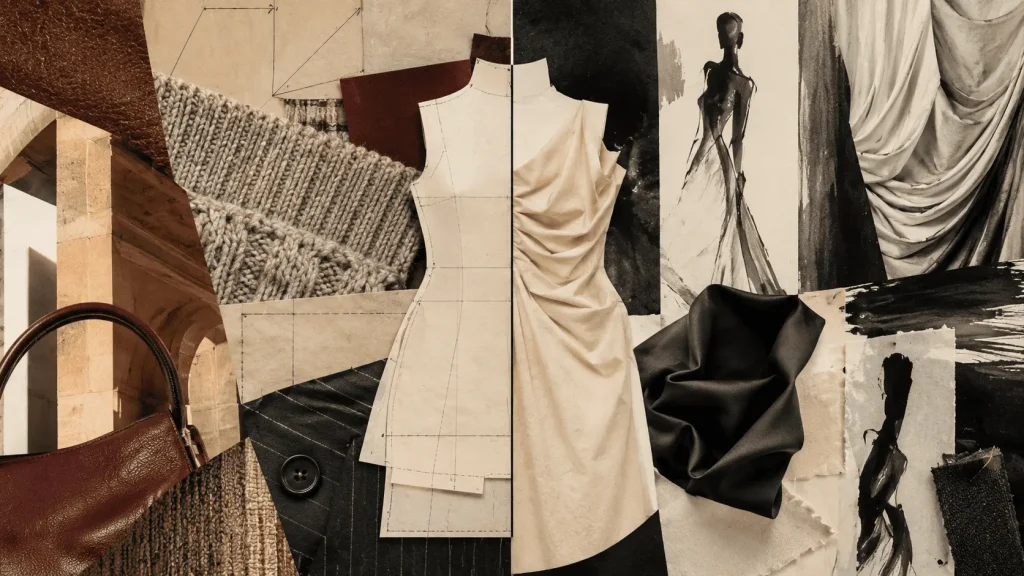 Collage editoriale che confronta Milano e Parigi attraverso sartoria, pelle, maglieria, drappeggi e silhouette astratte, unite da un unico cartamodello avorio.