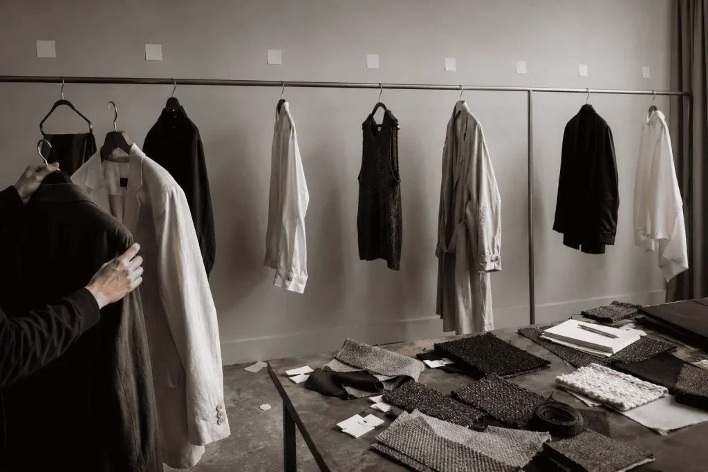 Selezione di capi in un fitting room professionale, con buyer che confronta due giacche tra campioni tessili e abiti essenziali su un’unica barra.