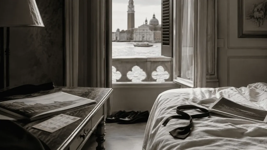 Camera d’hotel a Venezia la mattina dopo una première, con papillon, scarpe da sera, programma del festival e vista su San Giorgio Maggiore.