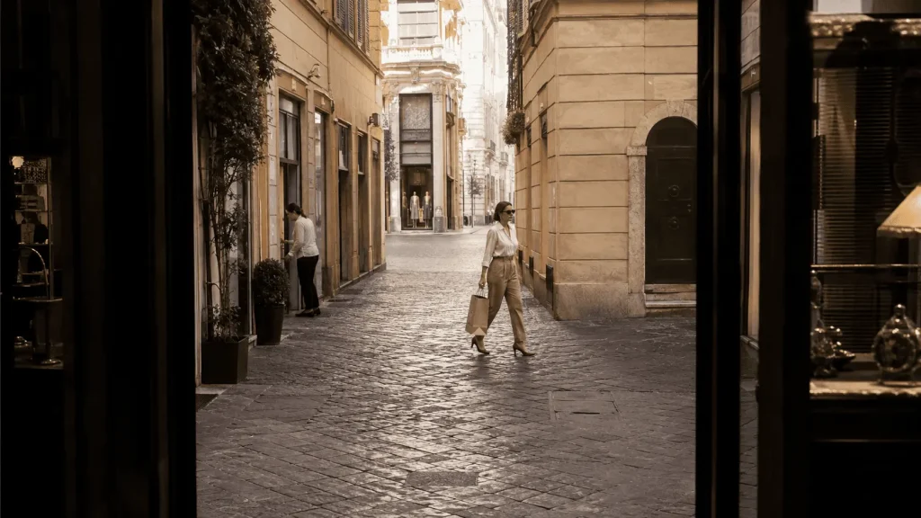 Mattina nel quartiere Campo Marzio a Roma, con elegante strada acciottolata, boutique discrete e una donna che attraversa con una borsa da shopping.