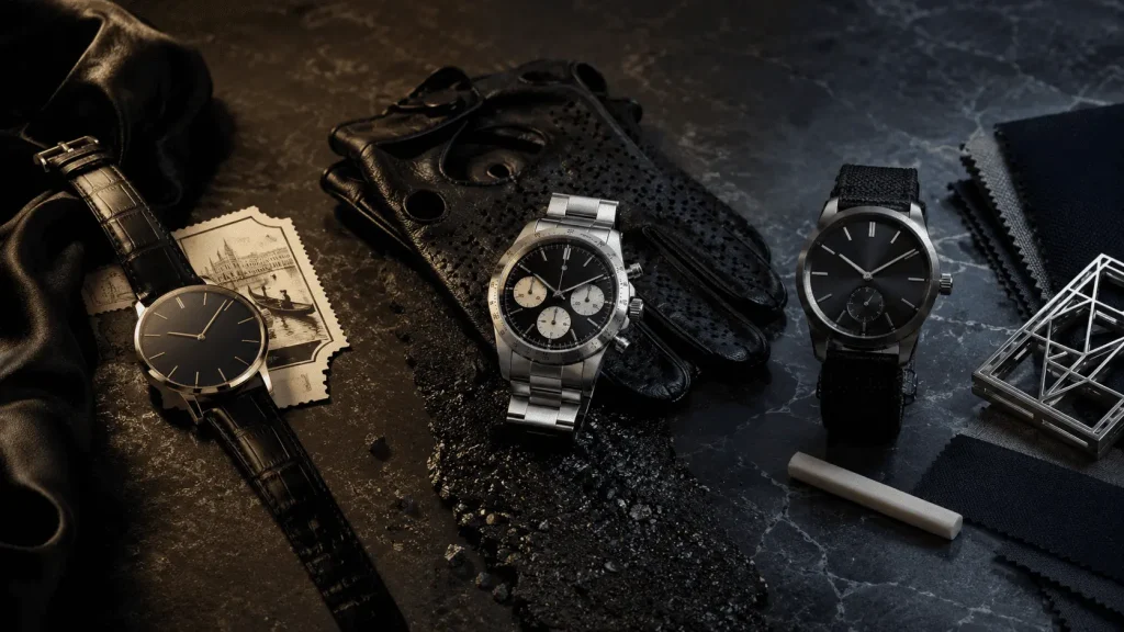 Tre orologi di lusso senza marchio ispirati a Venezia, Monza e Milano Fashion Week, con dettagli di cinema, motorsport e sartoria italiana.