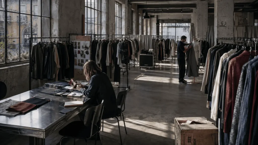Appuntamento tra buyer e designer in un loft industriale nel quartiere Tortona a Milano, tra rack di abiti, campioni tessili e luce naturale.