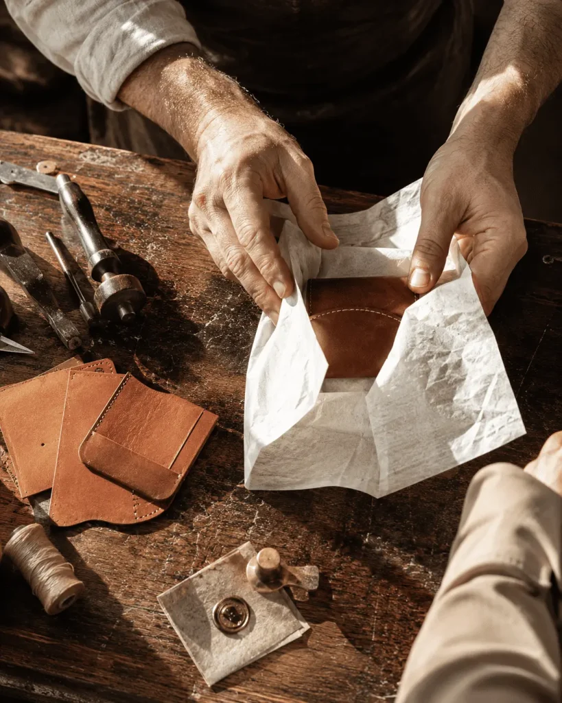 Artigiano romano che confeziona a mano un oggetto in pelle su un banco di legno, tra strumenti tradizionali, carta velina e dettagli in ottone.