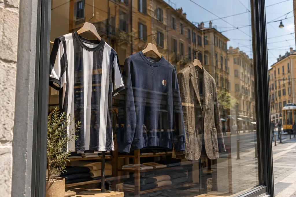 Vetrina di un negozio italiano con maglia da calcio a righe, felpa navy e giacca di lana, tra riflessi di facciate ocra e cavi del tram.