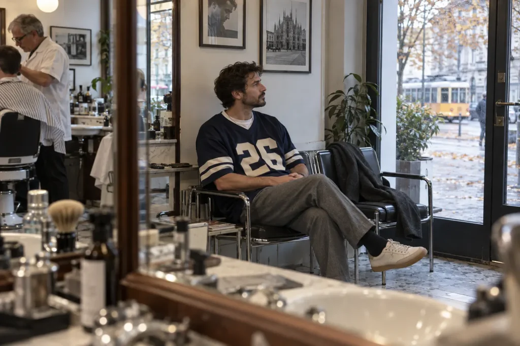 Cliente in attesa in una barberia milanese, con jersey da football americano navy, pantaloni di lana grigi e cappotto sulla sedia accanto.