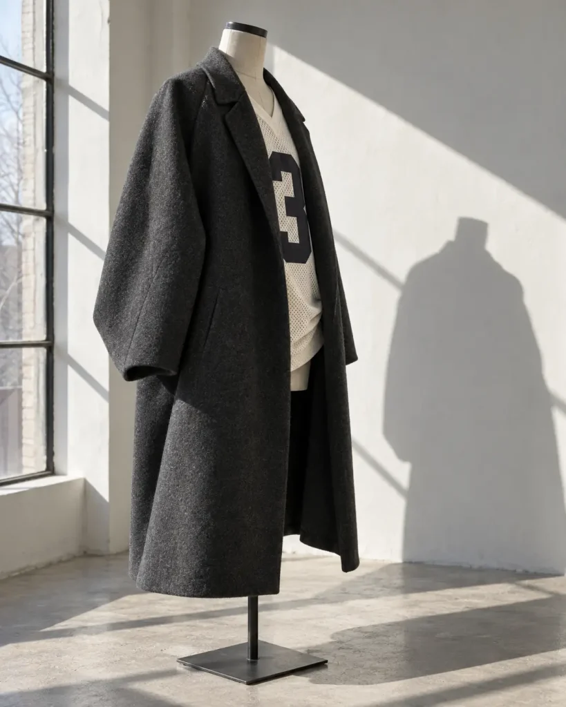 Manichino sartoriale con cappotto raglan antracite aperto su una jersey da football avorio, illuminato da un fascio diagonale di sole invernale.